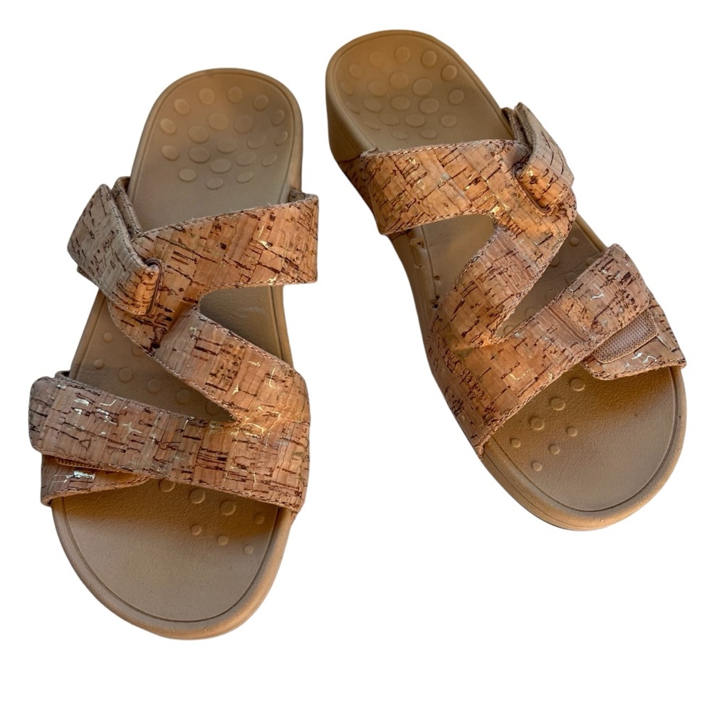 Vionic Pacific Kyla Cork Gold Wedge Sandals, 8, Slip Ons, Ortho Comfort